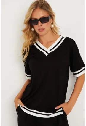 Kadın Siyah Kontrast Bluz ST836