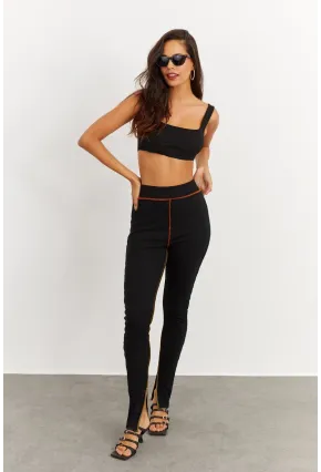 Kadın Siyah Kontrast Dikişli Kaşkorse Tayt B223