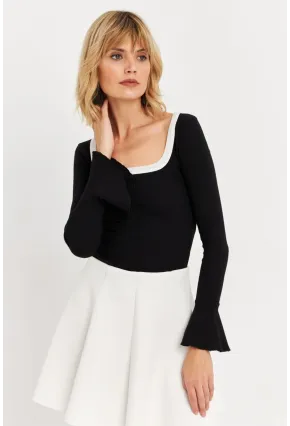 Kadın Siyah Kontrast Yaka İspanyol Kol Bluz ALB3105