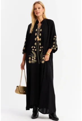 Kadın Siyah Kordon Detaylı Nakışlı Maxi Elbise MALO3