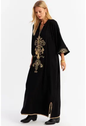 Kadın Siyah Kordon Detaylı Nakışlı Maxi Elbise MALO4