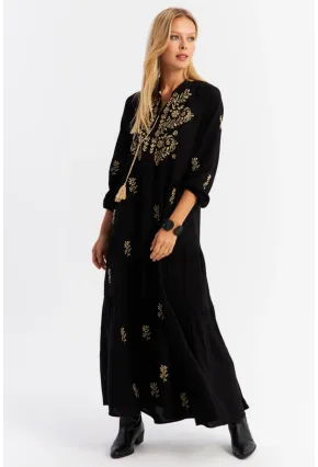 Kadın Siyah Kordon Detaylı Nakışlı Maxi Elbise MALO5