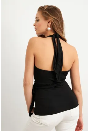 Kadın Siyah Kruvaze Bağlamalı Bluz EY3095