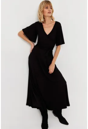 Kadın Siyah Kruvaze Bağlamalı Maxi Elbise EY3038