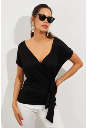Kadın Siyah Kruvaze Bluz EY2496