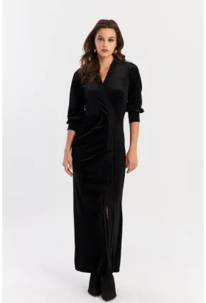 Kadın Siyah Kruvaze Büzgülü Kadife Maxi Elbise ALO1007