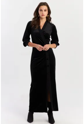 Kadın Siyah Kruvaze Büzgülü Kadife Maxi Elbise ALO1007