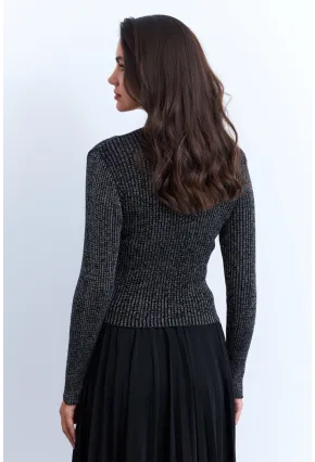 Kadın Siyah Kruvaze Büzgülü Simli Bluz KED173