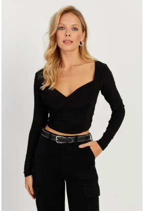 Kadın Siyah Kruvaze Crop Bluz LPP1252