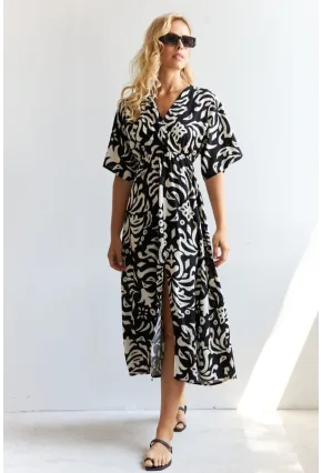 Kadın Siyah Kruvaze Desenli Midi Elbise YZ1152