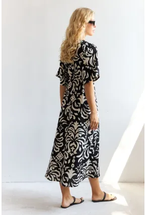 Kadın Siyah Kruvaze Desenli Midi Elbise YZ1152