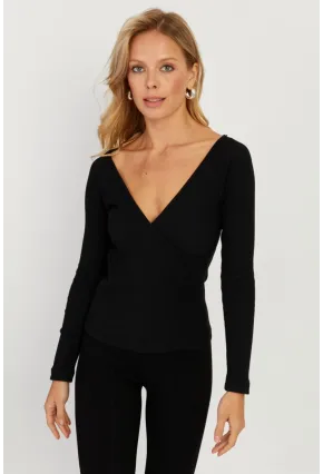 Kadın Siyah Kruvaze Kaşkorse Bluz EY2718