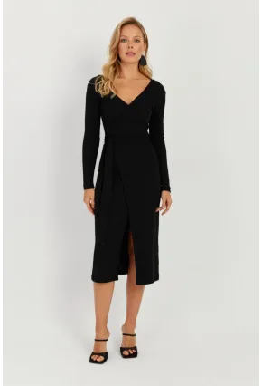 Kadın Siyah Kruvaze Kaşkorse Midi Elbise EY2703