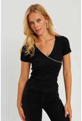 Kadın Siyah Kruvaze Kaşkorse Taşlı Bluz AYD306