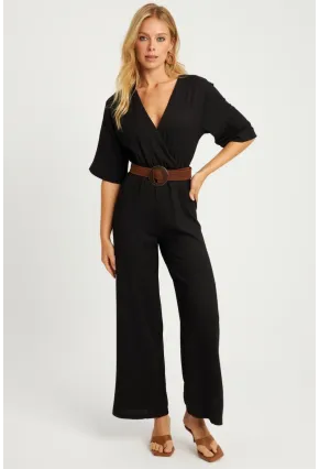 Kadın Siyah Kruvaze Kemerli Bürümcük Tulum XL2009