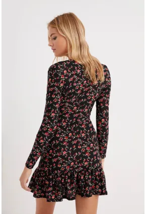 Kadın Siyah Kruvaze Volanlı Mevsimlik Skater Elbise EY1027