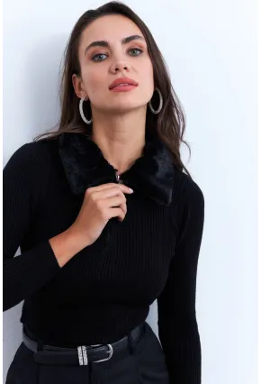 Kadın Siyah Kürk Yaka Bluz ELA115