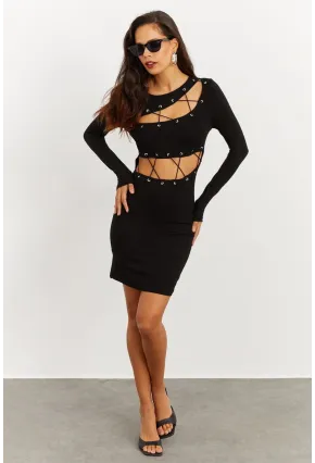 Kadın Siyah Kuşgözlü Pencereli Midi Elbise B1548