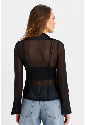 Kadın Siyah Kuşgözlü Tül Gömlek YEL221539