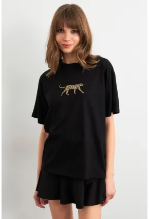 Kadın Siyah Leopar Baskılı T-Shirt RLO110
