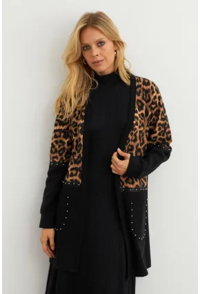 Kadın Siyah Leopar Bloklu Hırka MPK812