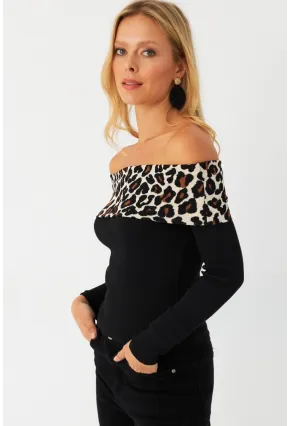 Kadın Siyah Leopar Bloklu Madonna Bluz AYD396