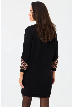 Kadın Siyah Leopar Desenli Mini Sweat Elbise ST145