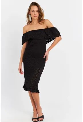 Kadın Siyah Madonna Yaka Astarlı Midi Elbise LİT105-90