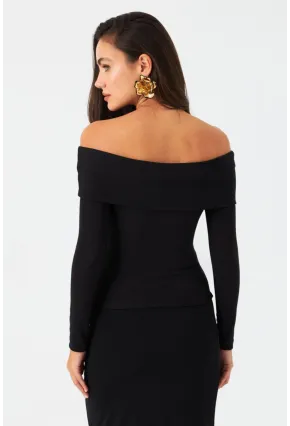 Kadın Siyah Madonna Yaka Bluz RLO77