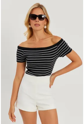 Kadın Siyah Madonna Yaka Çizgili Kaşkorse Bluz AYD311