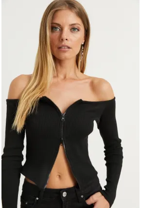 Kadın Siyah Madonna Yaka Fermuarlı Kaşkorse Bluz B1402