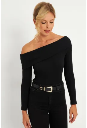 Kadın Siyah Madonna Yaka Kaşkorse Bluz XL2210