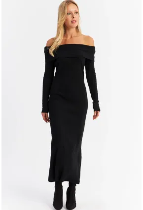 Kadın Siyah Madonna Yaka Kaşkorse Maxi Elbise HOL1