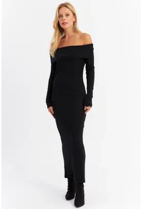 Kadın Siyah Madonna Yaka Kaşkorse Maxi Elbise HOL1