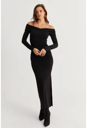 Kadın Siyah Madonna Yaka Maxi Elbise DMR391