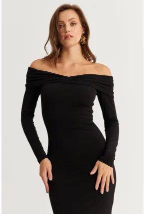 Kadın Siyah Madonna Yaka Maxi Elbise DMR391