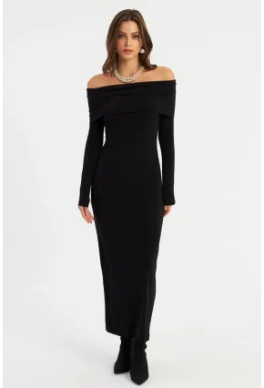 Kadın Siyah Madonna Yaka Maxi Elbise LİK10