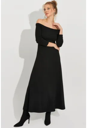 Kadın Siyah Madonna Yaka Midi Elbise BK272076