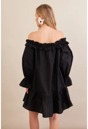 Kadın Siyah Madonna Yaka Midi Elbise PSG1012