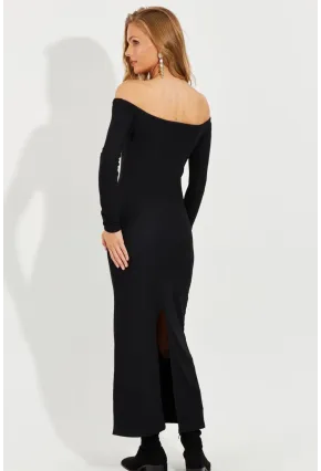 Kadın Siyah Madonna Yaka Pencereli Midi Elbise RMZ21163