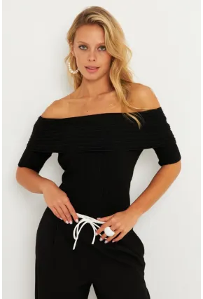 Kadın Siyah Madonna Yaka Triko Bluz KZ538