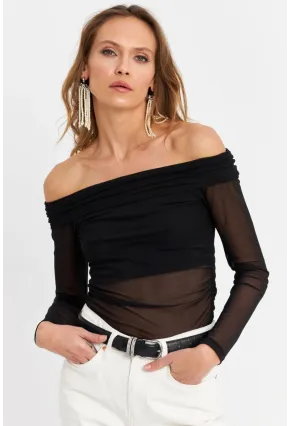 Kadın Siyah Madonna Yaka Tül Bluz MTK13241