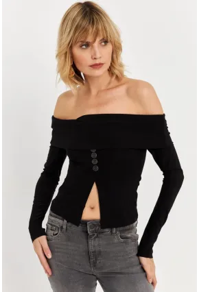 Kadın Siyah Madonna Yaka Yırtmaçlı Crop Bluz ELT4034