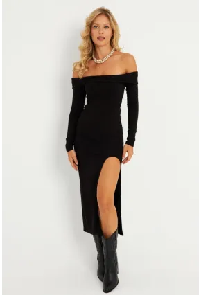 Kadın Siyah Madonna Yaka Yırtmaçlı Midi Yılbaşı Elbise HOR35