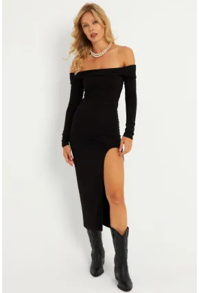 Kadın Siyah Madonna Yaka Yırtmaçlı Midi Yılbaşı Elbise HOR35