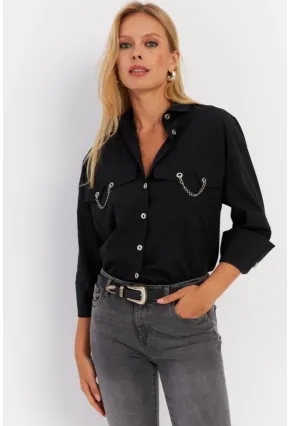Kadın Siyah Metal Detaylı Gömlek ASF13