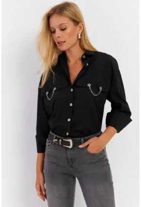 Kadın Siyah Metal Detaylı Gömlek ASF13