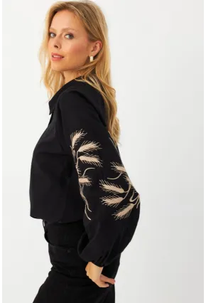 Kadın Siyah Nakışlı Balon Kol Gömlek MQS5603