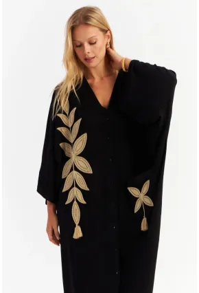 Kadın Siyah Nakışlı Cepli Maxi Elbise ALO13