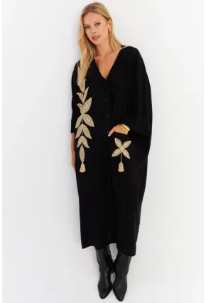 Kadın Siyah Nakışlı Cepli Maxi Elbise ALO13